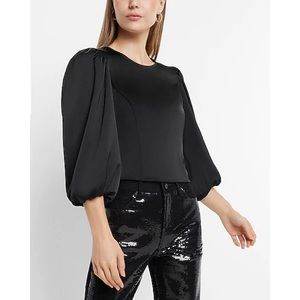 Satin Crew Neck Puff Sleeve Top